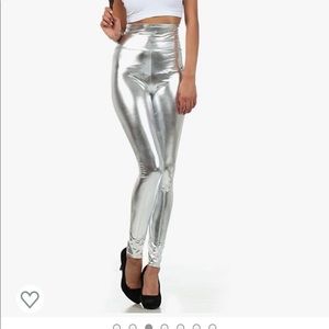 Silver Metallic High-Waisted Stretch Leggings